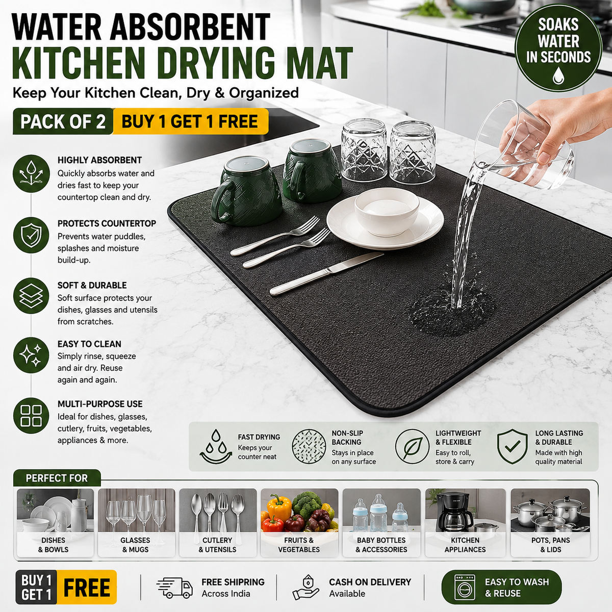Drying mat for Kitchen, Water Absorbent Mat (PACK OF 2))