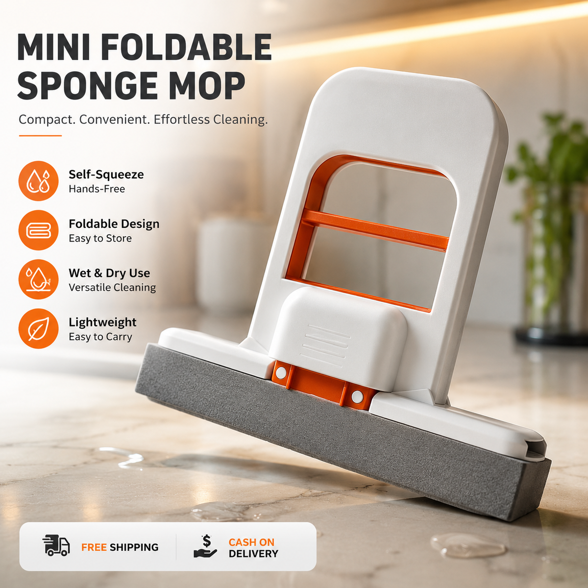 Mini Foldable Sponge Mop, Self-Squeeze Desktop Mop for Small Spaces, Wet & Dry Portable Cleaning Tool for Kitchen Countertops