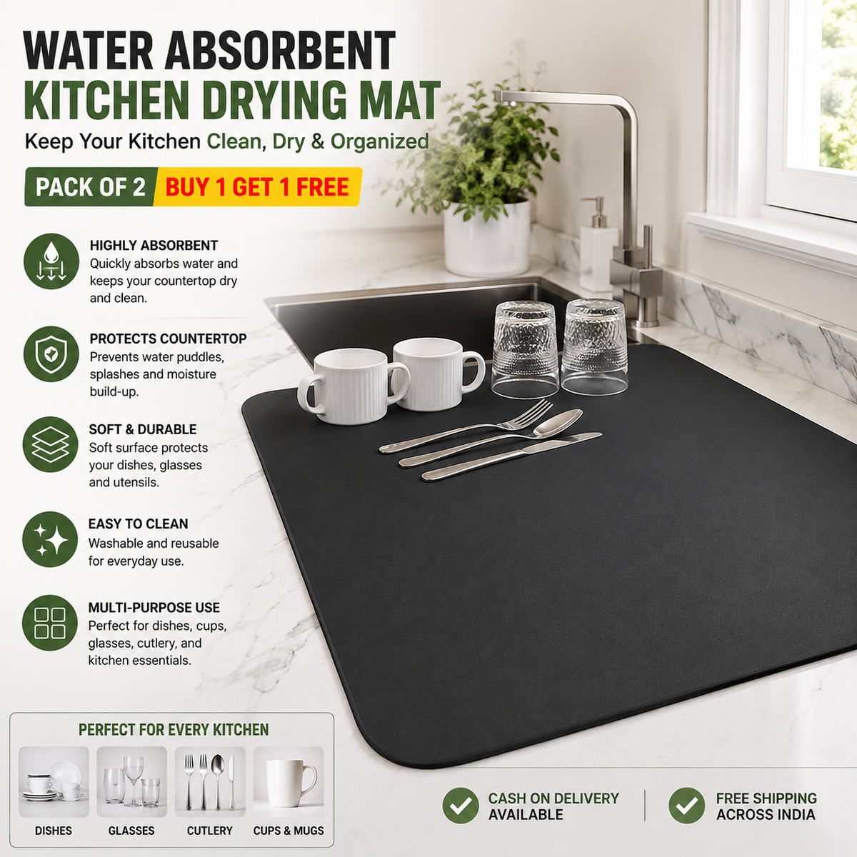 Drying mat for Kitchen, Water Absorbent Mat (PACK OF 2))