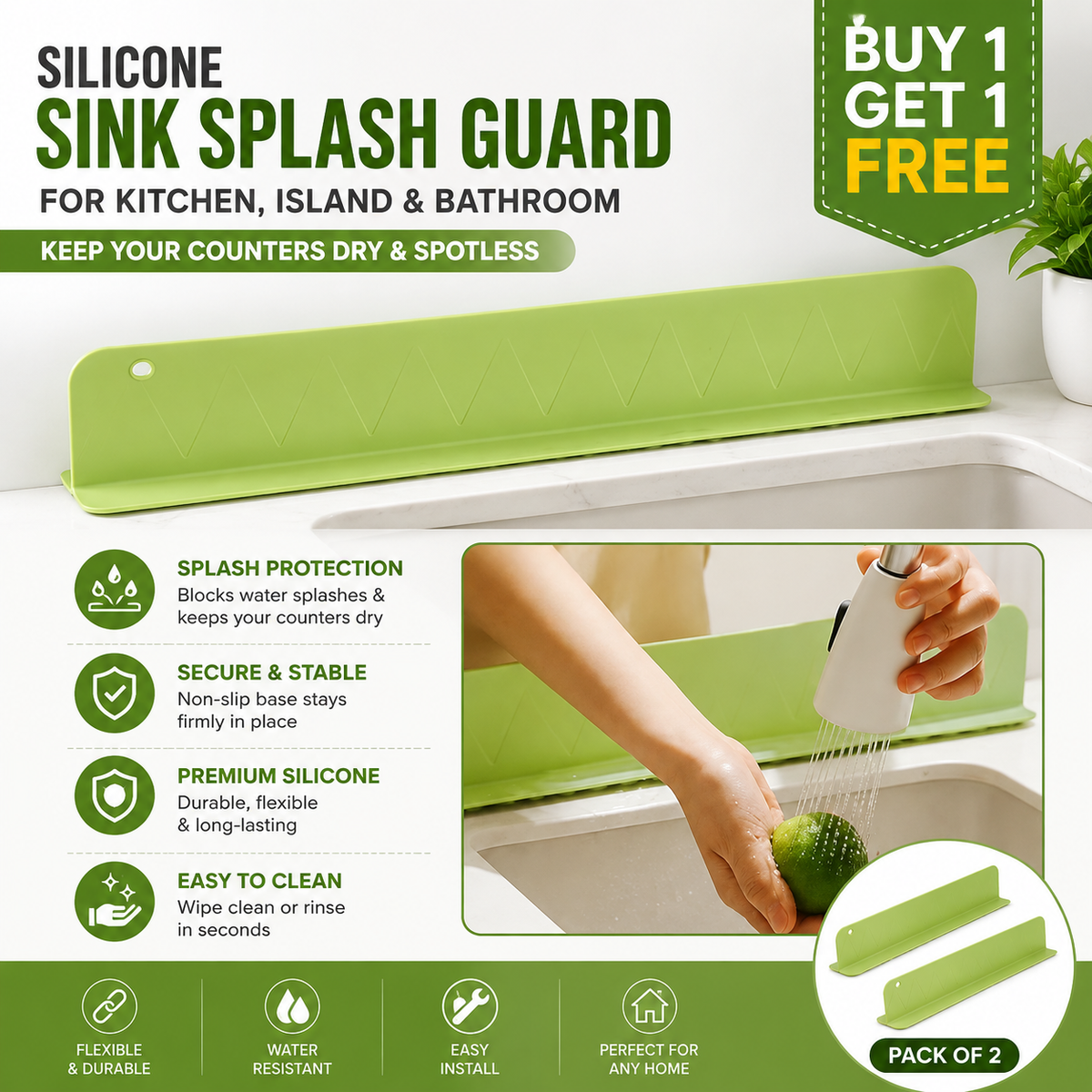 Silicone Sink Splash Guard | Kitchen, Island & Bathroom | Buy 1 Get 1 Free