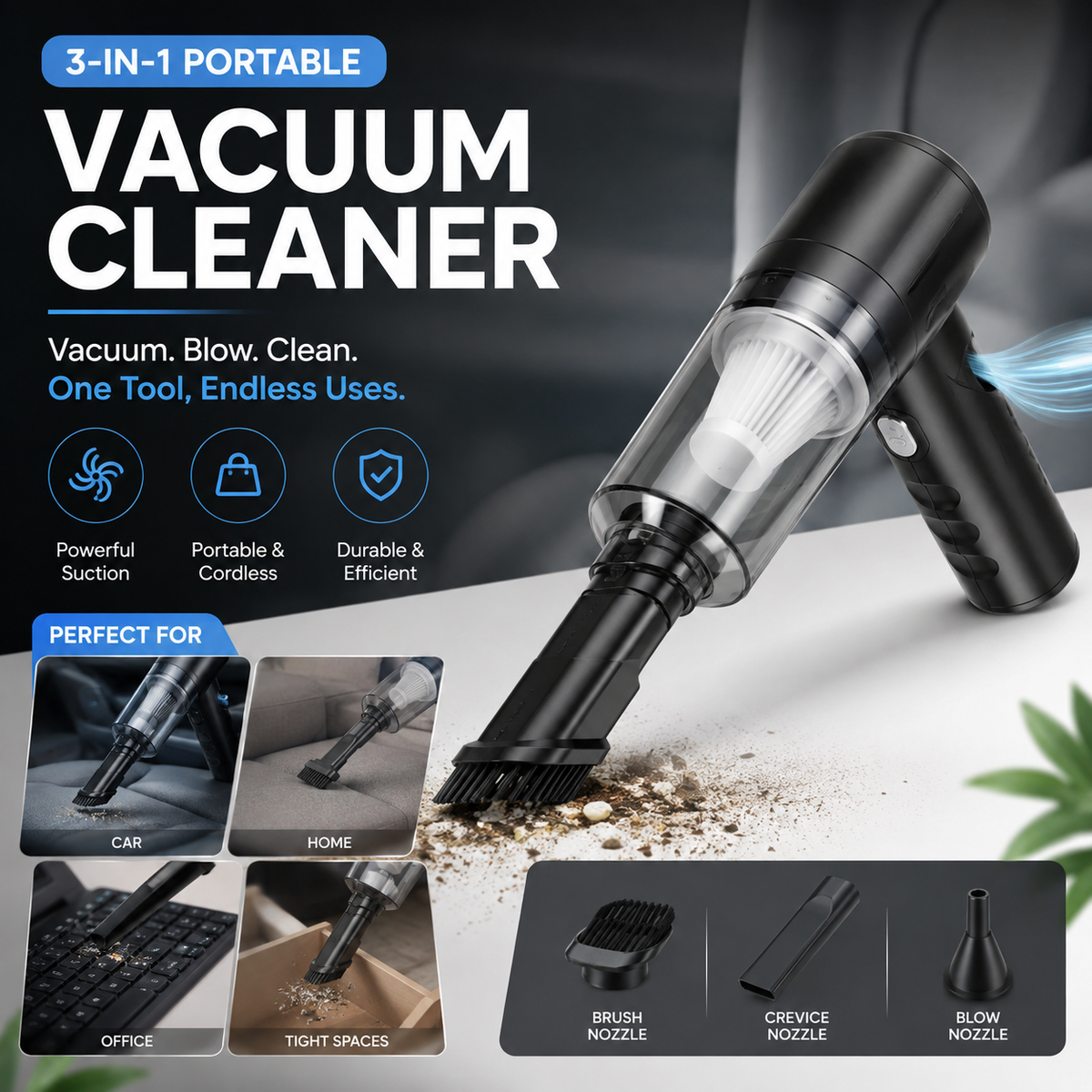 3-in-1 Portable Cordless Vacuum Cleaner | Powerful Mini Car & Home Cleaner